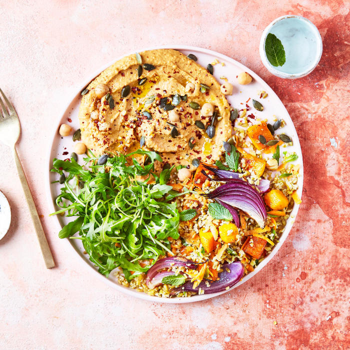 Harissa Hummus, Roasted Veg & Freekeh Salad