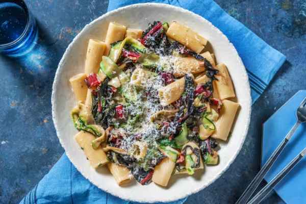 Creamy Rigatoni with Garlicky Greens and Creme Fraiche